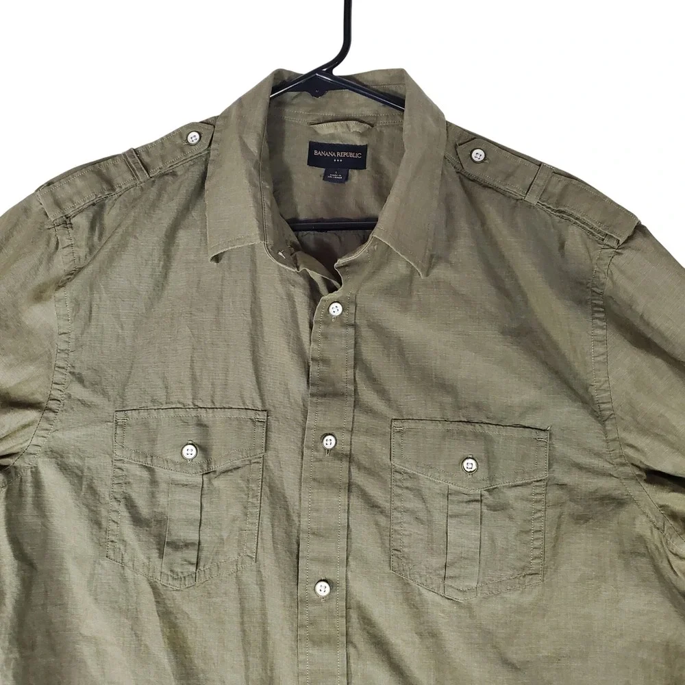 Banana Republic Mens Olive Green Military Safari Button Down Shirt Large L